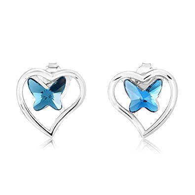 Heart Butterfly Sterling Silver Swarovski Elements Crystal Earrings - Jewelry Stud Women / Girls Earring