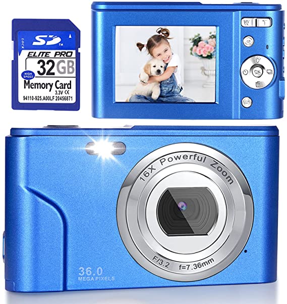 Digital Camera, FHD 1080P 36.0 MP Vlogging Camera Rechargeable Mini Camera Kids Camera Pocket Camera with 32GB SD Card 16X Digital Zoom, Compact Portable Camera for Kids Students Teenager-Blue