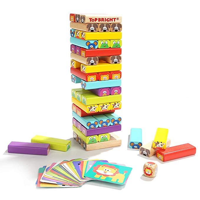 Wooden Tumbling Tower Toy- Colored Stacking Building Blocks with Animal Pictures, Card & Dice Party Game -Gift for 4 Year Old Kids & Toddlers Boys Girls