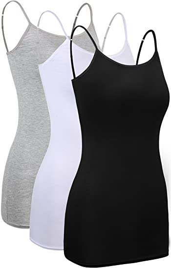 3 Pieces Women Basic Layering Long Tanks Adjustable Spaghetti Strap Cami Camisole Tank Top