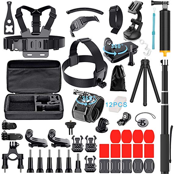 61-In-1 Action Camera Accessories Kit for GoPro Hero 7 6 5 4 3  Hero Session 5 Black Accessory Bunble Set for AKASO APEMAN DBPOWER Xiaomi Yi SJ6000 Campark Rollei Lightdow Sony Sports DV Action Camera