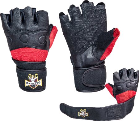 Weight Lifting Black & Red Leather Gloves - Weightlifting Neoprene Wrist Support - S,M,L,XL - For Men & Women - Fitness - Workout - Crossfit & Gym - Warranty
