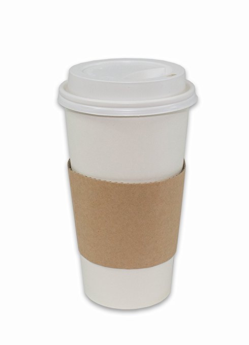 2dayShip 100 Pack Paper Coffee Hot Cups WHITE with Travel Lids and Sleeves - 20OZ