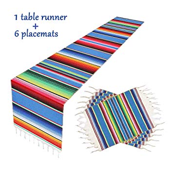 Mexican Table Runner with 6 Place Mats, Mexican Party Wedding Decorations Outdoor Picnics Dining Table, Fringe Cotton Handwoven Table Runners,Table Runner 14 x 84 Inch(Blue Table Runner 6 placemats)