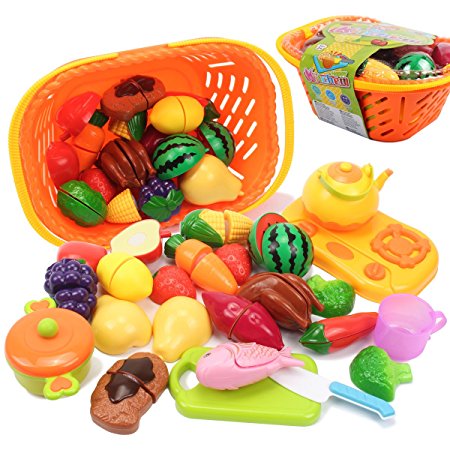AMOSTING Pretend Food Toys Fun Kids Cutting Fruit Vegetables Kitchen Toys, Educational Early Age Basic Skills Development for Children Girls Boys