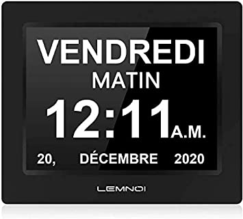 Lemnoi 8‘’ LCD Digital Day Clock Calendar with Date/Day/Time, 8 Languages Auto-Dimming Digital Clock with 12 Programmable Alarms, Reminders Clock for Alzheimer Elderly & Child, Black