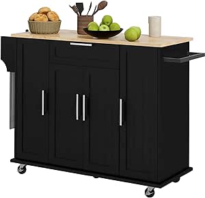 HOMCOM Kitchen Island on Wheels, Rolling Kitchen Cart with Rubberwood Top, Drawer, Spice Rack, Towel Rack, Storage Cabinet with Inner Adjustable Shelves, Black