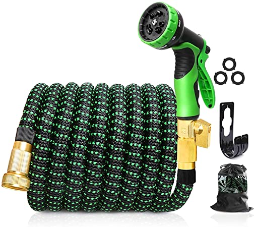 M JJYPET Upgraded Expandable Garden Hose, 25 FT, 3/4" Solid Brass Connectors, 10 Function Spray Hose Nozzle, Leak Proof and Lightweight Retractable Water Hose
