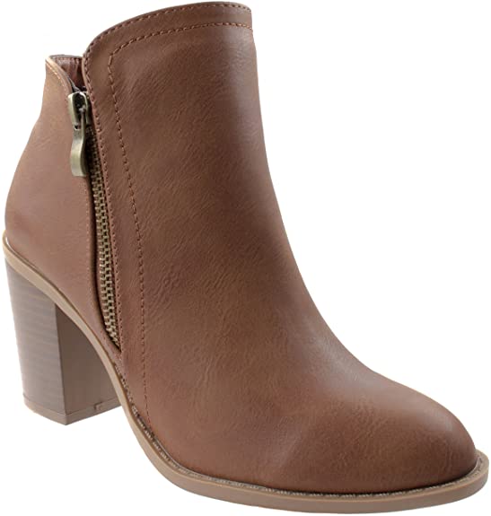 Top Moda Women's Closed Round Toe Zipper Chunky Stacked Block Heel Ankle Bootie