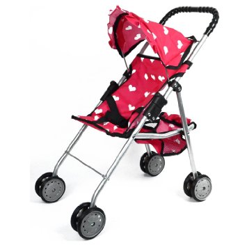 The New York Doll Collection My First Doll Stroller with Basket and Heart Design Foldable Doll Stroller, Pink
