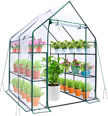 Greenhouse for Outdoors with Observation Windows, Ohuhu Walk-In Plant Greenhouses with Improved Transparent PVC Cover, 3 Tiers 12 Shelves Stands Small Green House with Pegs & Ropes, 4.9 x 4.7 x 6.4 FT