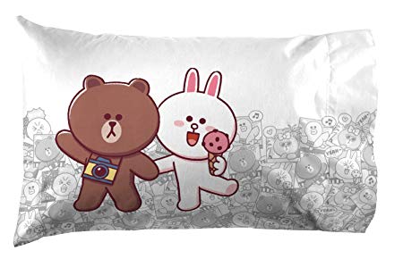 Jay Franco Brown & Friends Fun with Friends 1 Pack Pillowcase - Featuring Brown & Cony - Reversible Kids Super Soft Bedding (Official Line Friends Product)