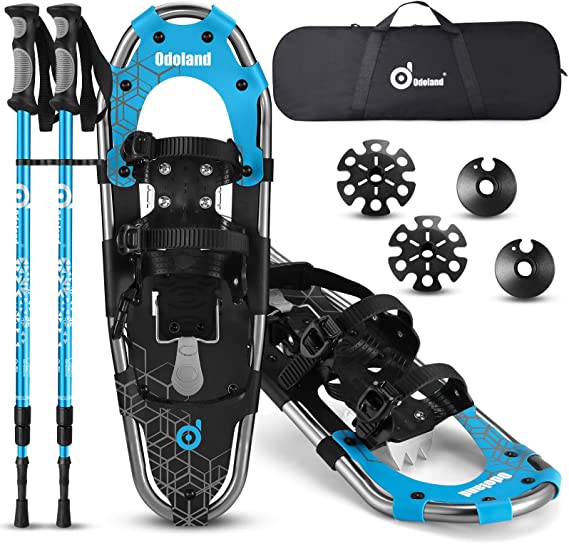 Odoland 3-in-1 Snowshoes Set for Men Women Youth Kids with Trekking Poles, Carrying Tote Bag, Light Weight Aluminum Alloy Terrain Snow Shoes,21”/25”/30”