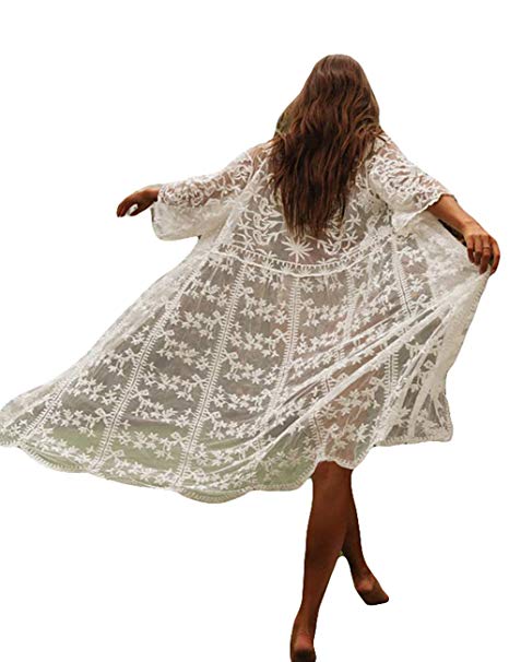 Bsubseach Women Sexy Lace Crochet Open Front Swimsuit Beach Long Kimono Cover Ups