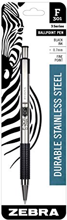 Zebra F-301 Stainless Steel Retractable Ballpoint Pen, 0.7mm, Black, 1 Pack (27111)