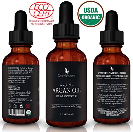 OneNaturals Organic Argan Oil for Hair, Skin, Body, Nails (2oz) - 100% Pure & USDA Organic -Triple Extra Virgin Moroccan Oil - Unscented, Unrefined, Cold Pressed, Imported from Morocco