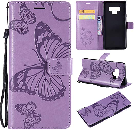 SMYTU Galalxy Note 9 Wallet Case, Premium Emboss Butterfly Pattern Flip Wallet Shell PU Leather Magnetic Cover Skin with Wrist Strap Case Samsung Galalxy Note 9 (B-Purple)