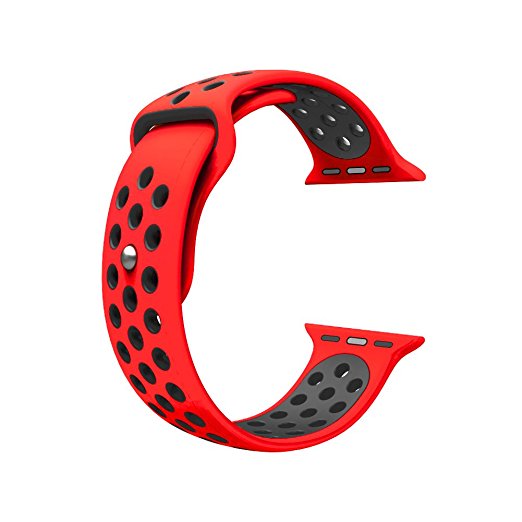 For Apple Watch Band, Wearlizer Soft Silicone Sport Replacement Strap for both Series 1 and Series 2 - 38mm Red and Black
