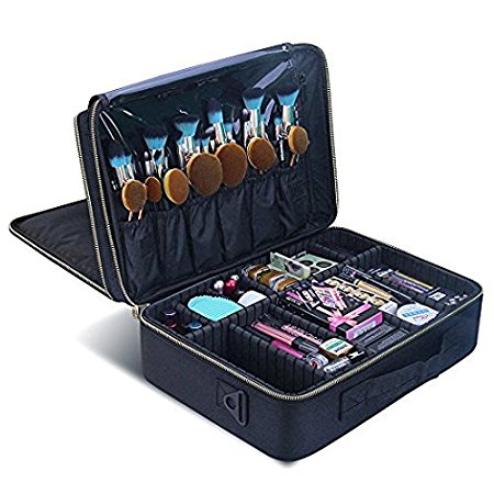 Travel Makeup Train Case Makeup Cosmetic Case Organizer Portable Artist Storage Bag 10.3'' with Adjustable Dividers for Cosmetics Makeup Brushes Toiletry (large with golden zipper)