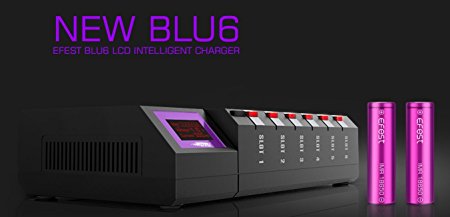 Efest LUC Blu6 LCD Intelligent Charger with Bluetooth App Function for LG Hg2 18650 3000mah 35A, Samsung 25R, Sony VTC5, 18650 3000mah 40A batteries.