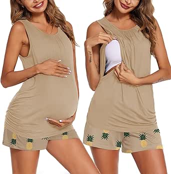 Ekouaer Women Maternity Nursing Pajama Set Breastfeeding Double Layer Pregnancy Pjs Set Sleeveless Top & Shorts with Pockets