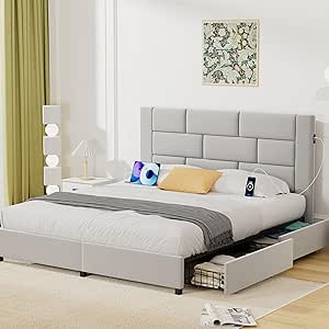 VECELO Full Bed Frame with 4 Storage Drawers, Upholstered Platform Beds with Velvet Headboard and Charging Station-Ports for USB and Type-C, Noise-Free, No Box Spring Needed, Easy Assembly, Light Grey