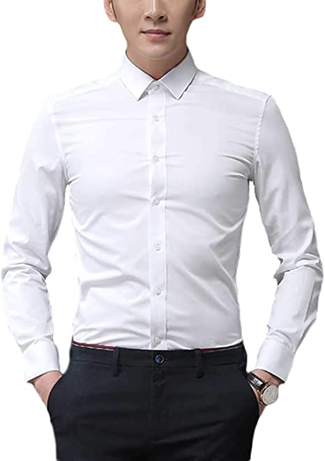 Plaid&Plain Men’s Slim Fit Dress Shirts Spread Collar Poplin Shirt Wrinkle Free Shirts