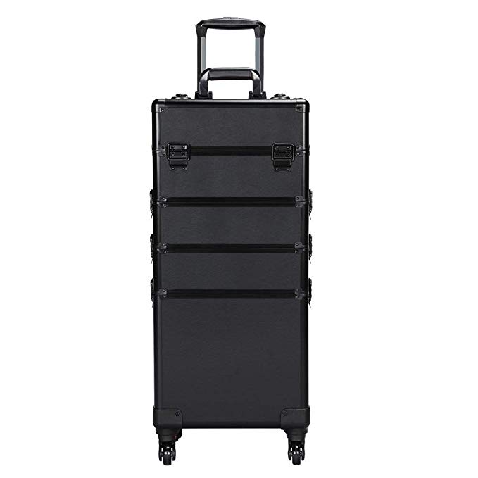 Yaheetech Extra Large Makeup Case Rolling Cosmetic Trolley with Makeup Brush Bag Lock Cosmetic Organizer Full Black Spinner Wheels