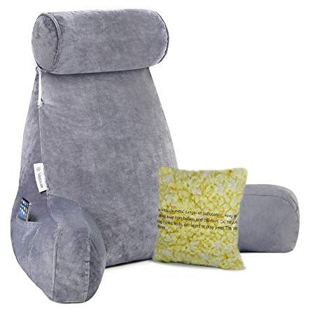 Premium Soft Reading & Bed Rest Pillow with Higher Support Arms, Pockets, Memory Foam, Detachable Neck Roll. Back Support for Reading/Relaxing/Watching TV - Extra Foams Incl. to Customize Softness-24”