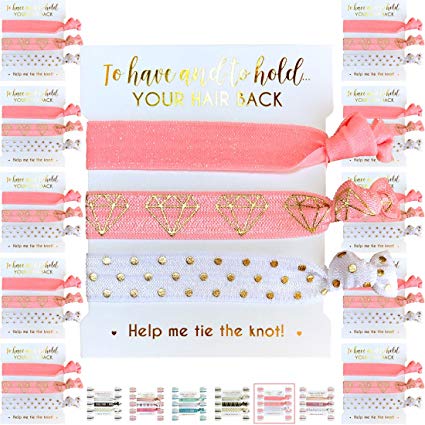 10 x 3-Pack Hair Ties - Bachelorette and Wedding Shower Party Favors for Bridesmaids, Team Bride, Bride Tribe - 30 Hair Ties in Total! (Pink White & Gold)