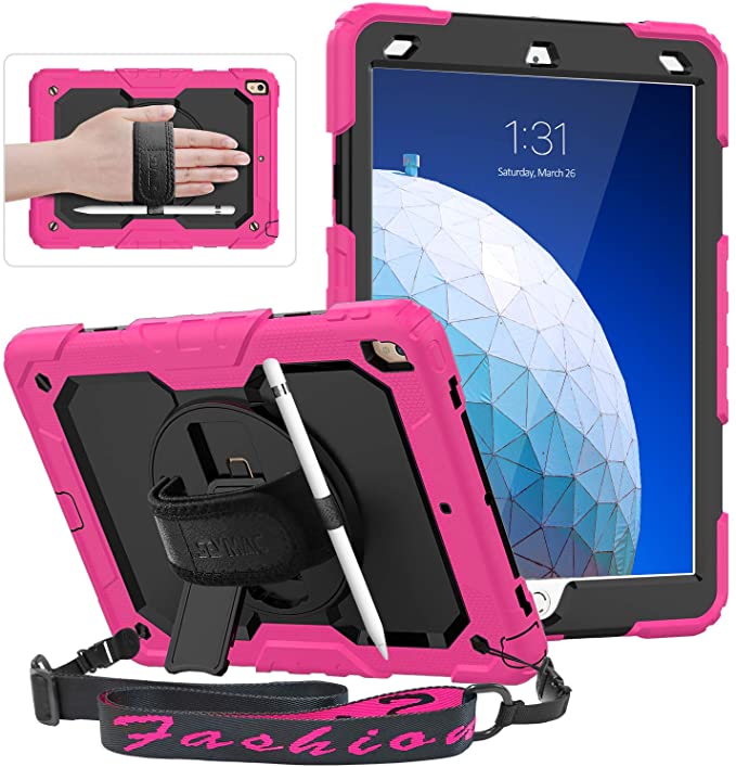 iPad Air 3rd Gen 10.5” 2019 / iPad Pro 10.5” 2017 Case, SEYMAC Three Layers Hybrid Protection Case with 360 Degree Rotating Hand Strap & Kickstand, Shoulder Strap, Screen Protector, Pencil Holder,Pink