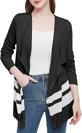 Urban CoCo Women's Lightweight Long Sleeve Irregular Open Front Cardigan Striped Knit Sweaters