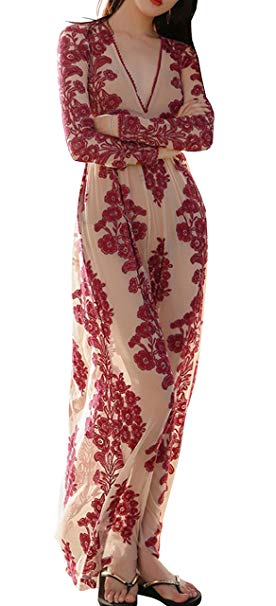 R.Vivimos Women Long Sleeve V Neck Floral Embroidered Elegant A-Line Maxi Dress