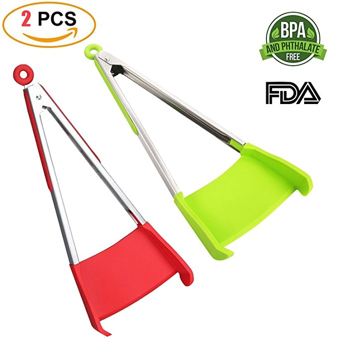 2 Pack 2 in 1 Silicone Spatula and Tongs Kitchen Tools,As Seen on TV,12'' Food Spatula and Tongs with Locking Clip,Stainless Steel Frame,BBQ Tongs Non-stick,Easy Clean, Compact, Ergonomic