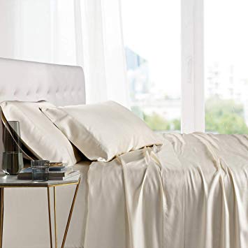 Exquisitely Lavish Body Temperature-Regulated Bedding, 100% Tencel Lyocell Fibers from Eucalyptus, 300 Thread Count, 4 Piece King Size Deep Pocket Silky Soft Sheet Set, Ivory