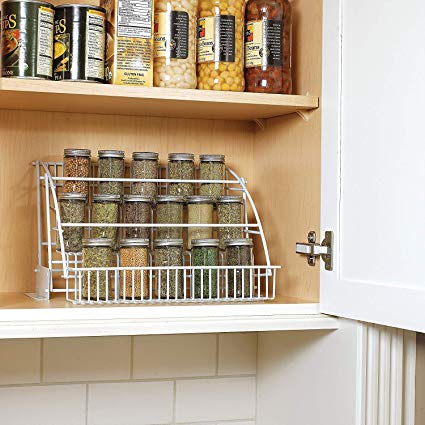 White Spice Rack Rubbermaid 3-Tier Step Shelf Pull Down Spice Rack - Easy View Salt Pepper Powders Flakes Herb Containers - Kitchen Pantry Cabinet Cupboard Organization