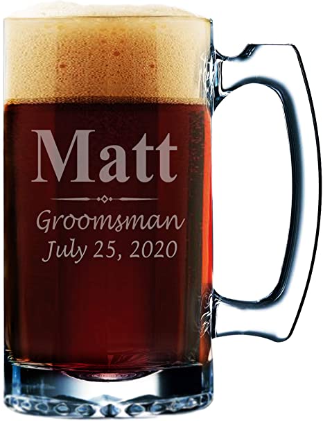 Custom Beer Mugs - Engraved Personalized Groomsmen Beer Glasses Gifts - 12 oz - 3 Lines Design by My Personal Memories