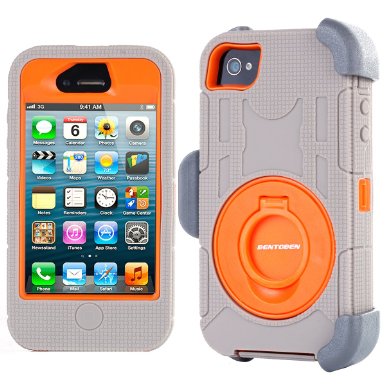 iPhone 4S Case, iPhone 4 Case, BENTOBEN Shockproof Heavy Duty Protection Hybrid Rugged Rubber Built-in Rotating Kickstand Belt Swivel Clip Holster for iPhone 4 4S,Grey/Orange