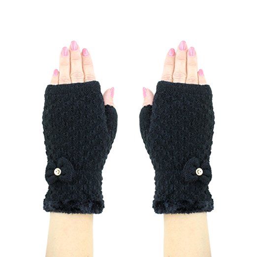 Classic Soft Knit Fingerless Cuff Gloves w/ Cute Bow and Cozy Chenille Lining