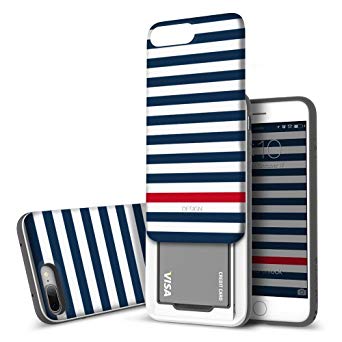 iPhone 8 Plus/iPhone 7 Plus Case DesignSkin [Slider] Upgraded Card Slot Shock Absorption Shockproof 3-Layer Protective Cover Holder Wallet Case Heavy Duty Bumper (Blue Stripe)