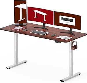 SANODESK Electric Standing Desk 60 x 24 Inches Whole-Piece Desktop Height Adjustable Stand Up Desk w/6-Button Controller Ergonomic Computer Desk for Home Office, White Frame   Mahogany Tabletop