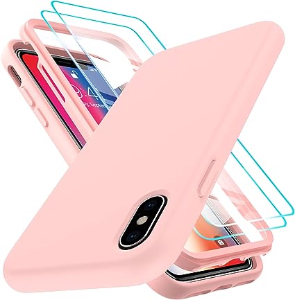 LeYi for iPhone X Case, iPhone XS/10 Case with [2 x Tempered Glass Screen Protector] for Women Girls, Full-Body Shockproof Soft Liquid Silicone Protective Phone Case Cute for iPhone 10/X/XS, Pink