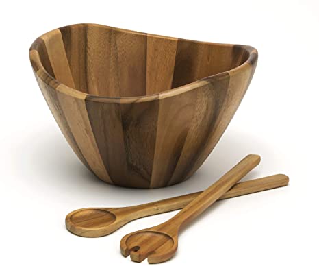 Lipper International 3 Piece Wave Bowl with Servers, Large, Acacia, Brown