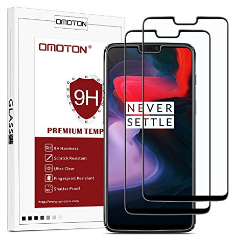 [2 Pack] OMOTON OnePlus 6 Screen Protector- Full Coverage Tempered Glass Screen Protector - [3D Round Edge] [9H Hardness] [Crystal Clear] [Scratch Resist] for OnePlus 6, Black