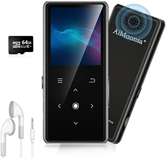 64GB MP3 Player with Bluetooth 5.2, AiMoonsa Music Player with Built-in HD Speaker, FM Radio, Voice Recorder, HiFi Sound, E-Book function, Earphones Included