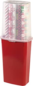 IRIS USA 40" Wrapping Paper Storage Container with Built-in Handles, 1 Pack, Fits up to 20 Rolls of Wrapping Paper, Holiday Storage-Bin, Vertical Christmas Birthday Gift Wrapping Organizer, Clear/Red