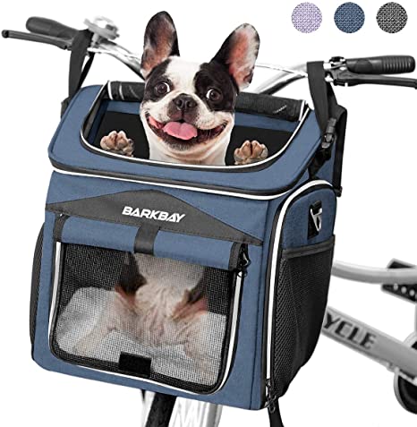 BARKBAY Dog Bike Basket Carrier, Expandable Foldable Soft-Sided Dog Carrier, 2 Open Doors, 5 Reflective Tapes, Pet Travel Bag,Dog Backpack Carrier Safe and Easy for Small Medium Cats and Dogs(Blue)
