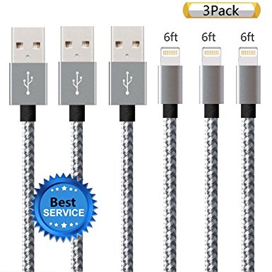 iPhone Cable SGIN, 3Pack 6FT Nylon Braided Cord Lightning Cable Certified to USB Charging Charger for iPhone 7,7 Plus,6S,6s Plus,6,6plus,SE,5S,5,iPad,iPod Nano 7 - GreyWhite