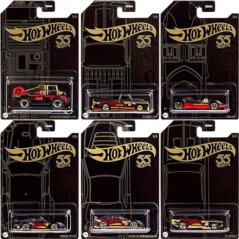 2023 Hotwheels 55th Anniversary Pearl & Chrome Complete 6 Cars Set - Premium Metal Toy Cars for Collectors and Enthusiasts, 1:64 Scale Die-Cast Replicas of Classic Vehicles