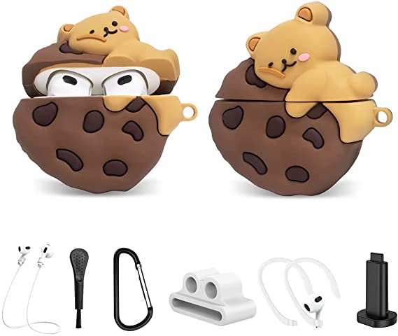 Cute Cookie Bear Airpods 3(2021) Case, 7 in 1 Silicone Protective Airpods 3rd Generation Accessories Cover Kit, 3D Fashion Cartoon Animal Food Skin for Girls Women with Other 6 Different Accessories